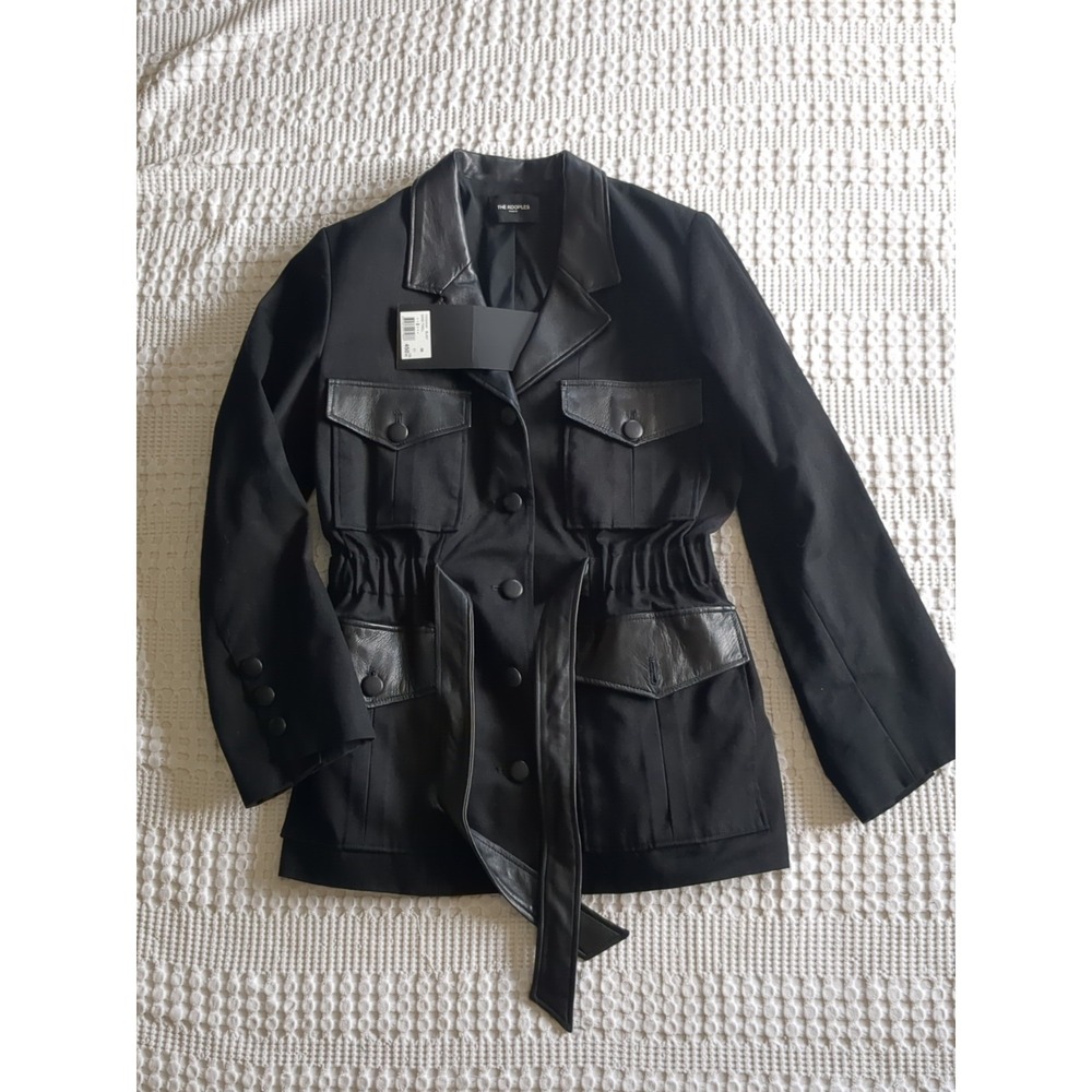 NWT The Kooples Twill Lambskin Accents Belt‎ Collar Jacket Button Sz 36